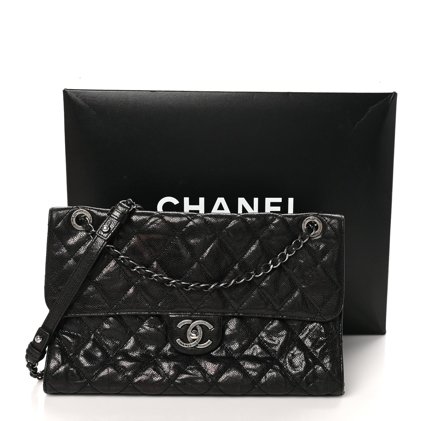 Crumpled Grained Calfskin Jumbo CC Crave Flap Black