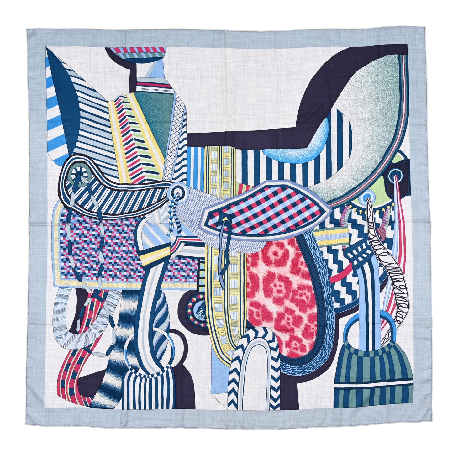 Cashmere Silk La Selle Imaginaire Shawl 140 Gris Chine Bleu