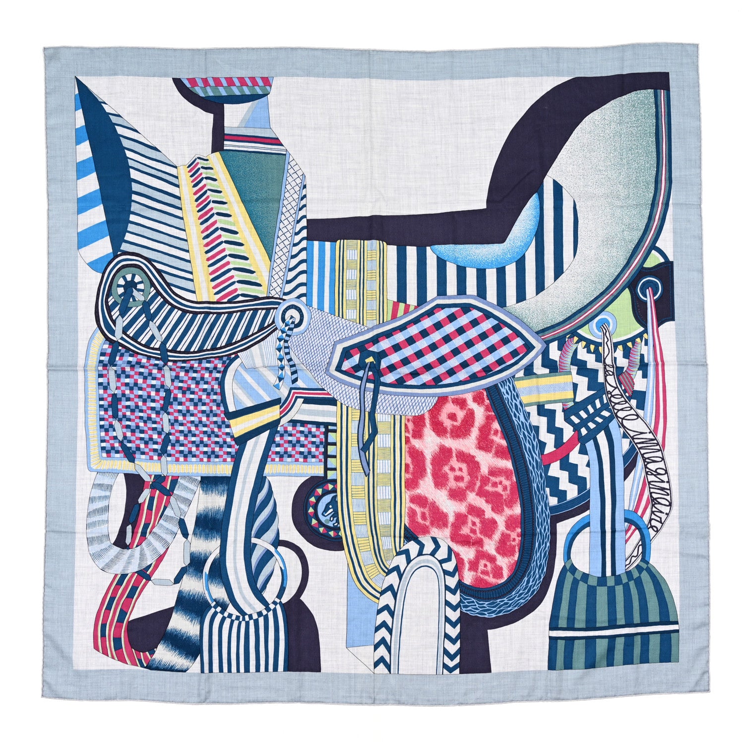 Hermes Cashmere Silk La Selle Imaginaire Shawl 140 Gris Chine Bleu 1 of 3