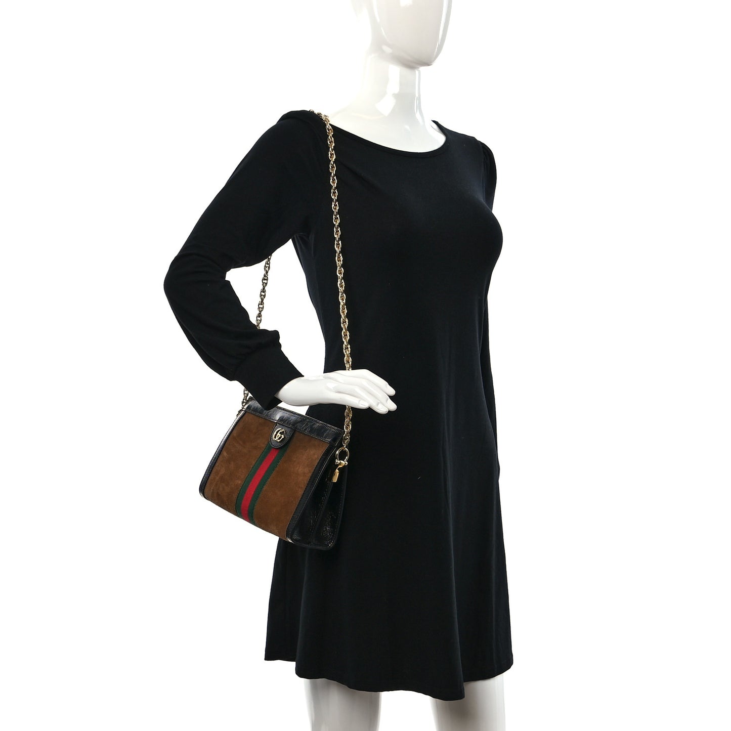 Suede Patent Web Small Ophidia Chain Shoulder Bag Nocciola Black
