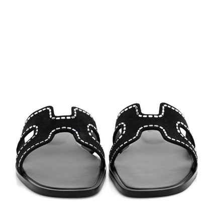 Hermes Suede Goatskin Crystal Embellished Oran Sandals 36.5 Black 2 of 8