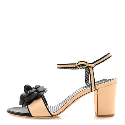 Chanel Lambskin Camellia Sandals 38 Beige Black 1 of 9