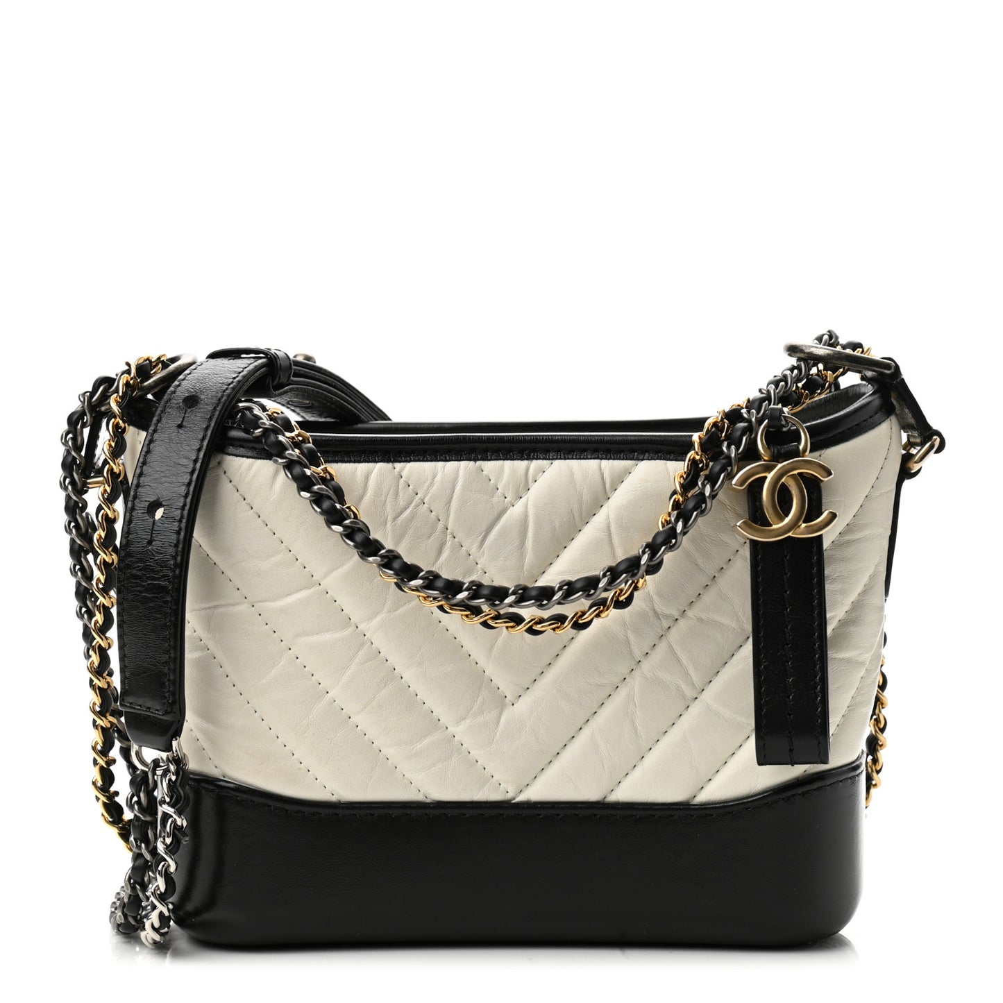 Aged Calfskin Chevron Quilted Small Gabrielle Hobo Black White