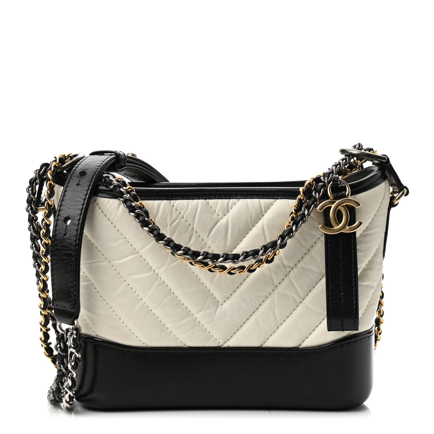 Chanel Aged Calfskin Chevron Quilted Small Gabrielle Hobo Black White 1 of 10