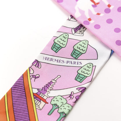 Hermes Silk Les Nouveaux Amoureux de Paris Twilly Rose Buvard White Vert 3 of 4