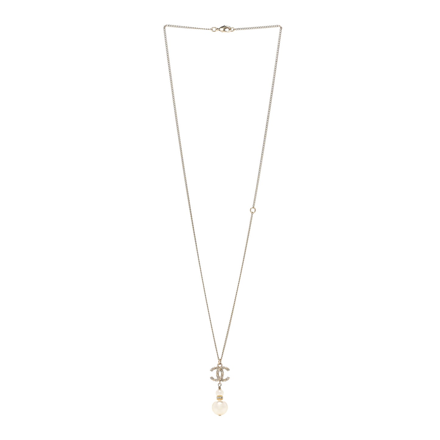 Crystal Pearl Twisted CC Drop Necklace Gold