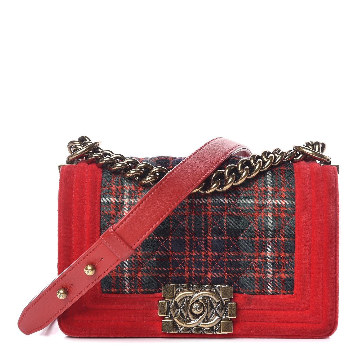 Chanel Velvet Plaid Tartan Small Boy Flap Red 1 of 15