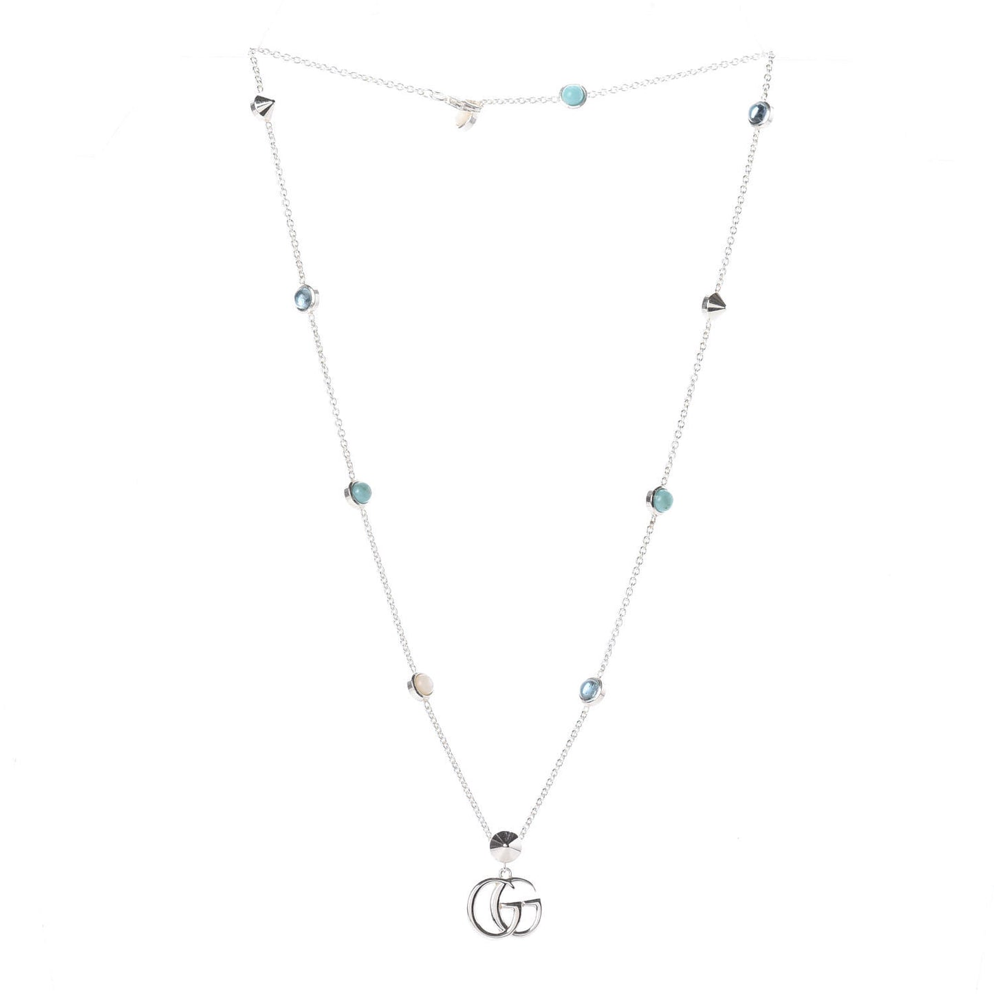 Sterling Silver Blue Topaz Mother of Pearl Double GG Pendant Necklace Blue