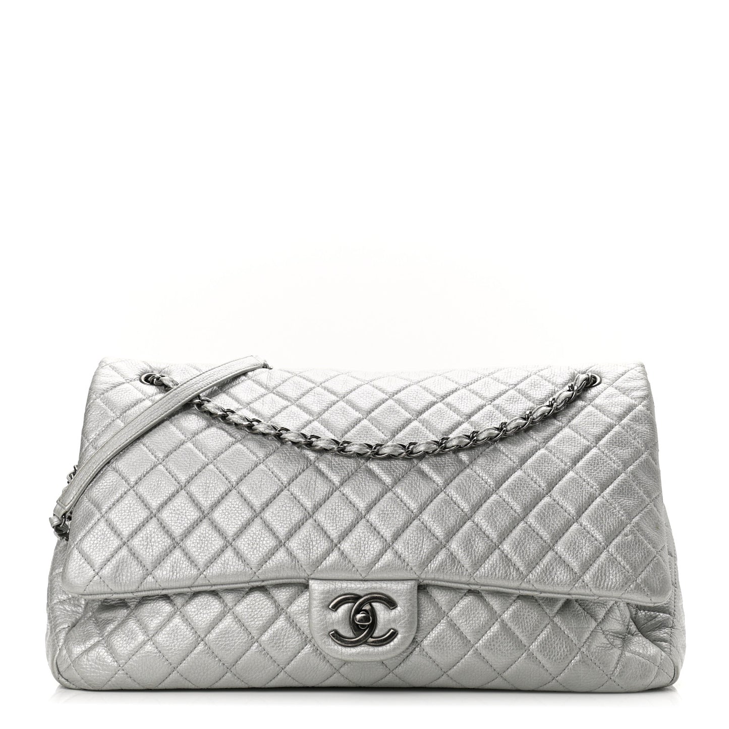 Metallic Calfskin Quilted XXL Travel Flap Bag Silver