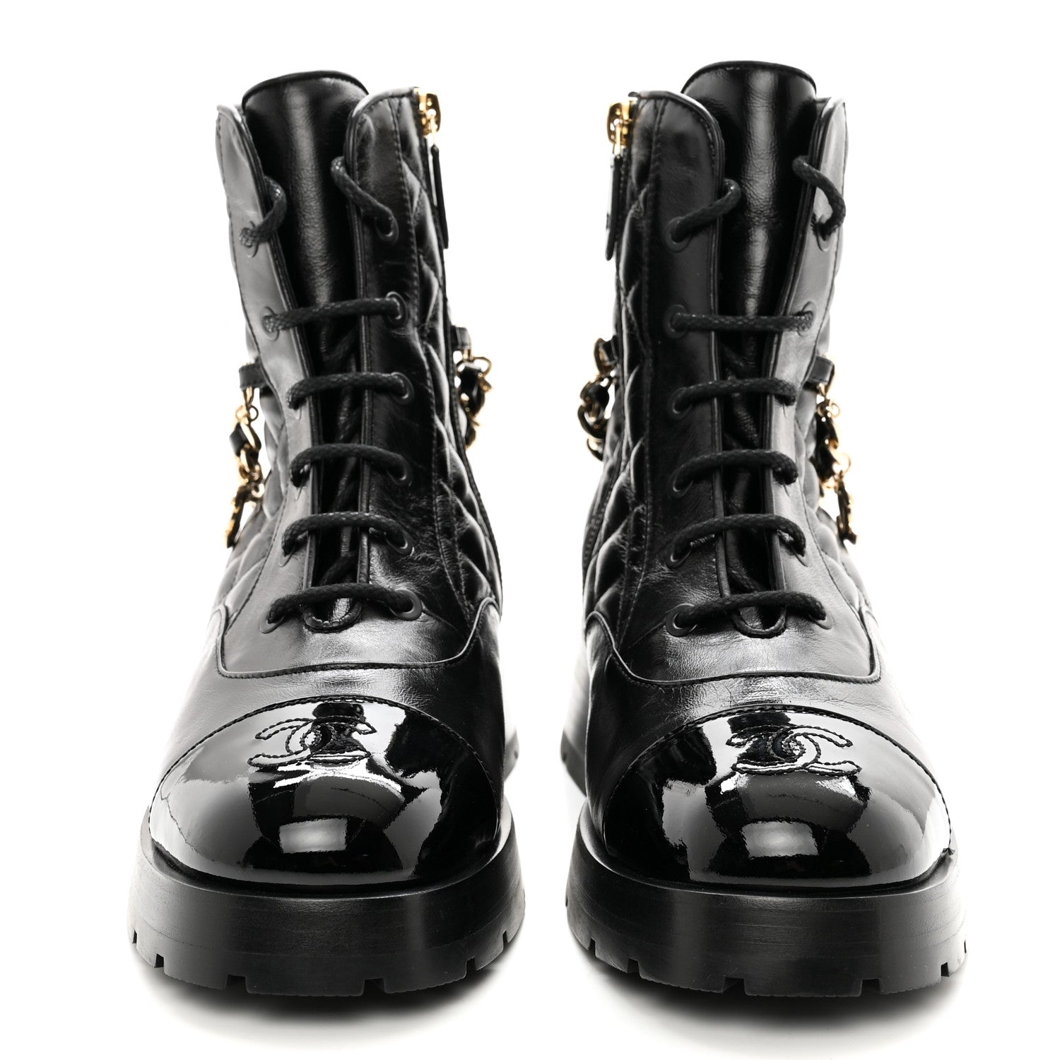 Chanel Shiny Calfskin Patent Quilted Chain Lace Up Combat Boots 39 Black 2 of 11