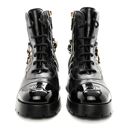Chanel Shiny Calfskin Patent Quilted Chain Lace Up Combat Boots 39 Black 2 of 11