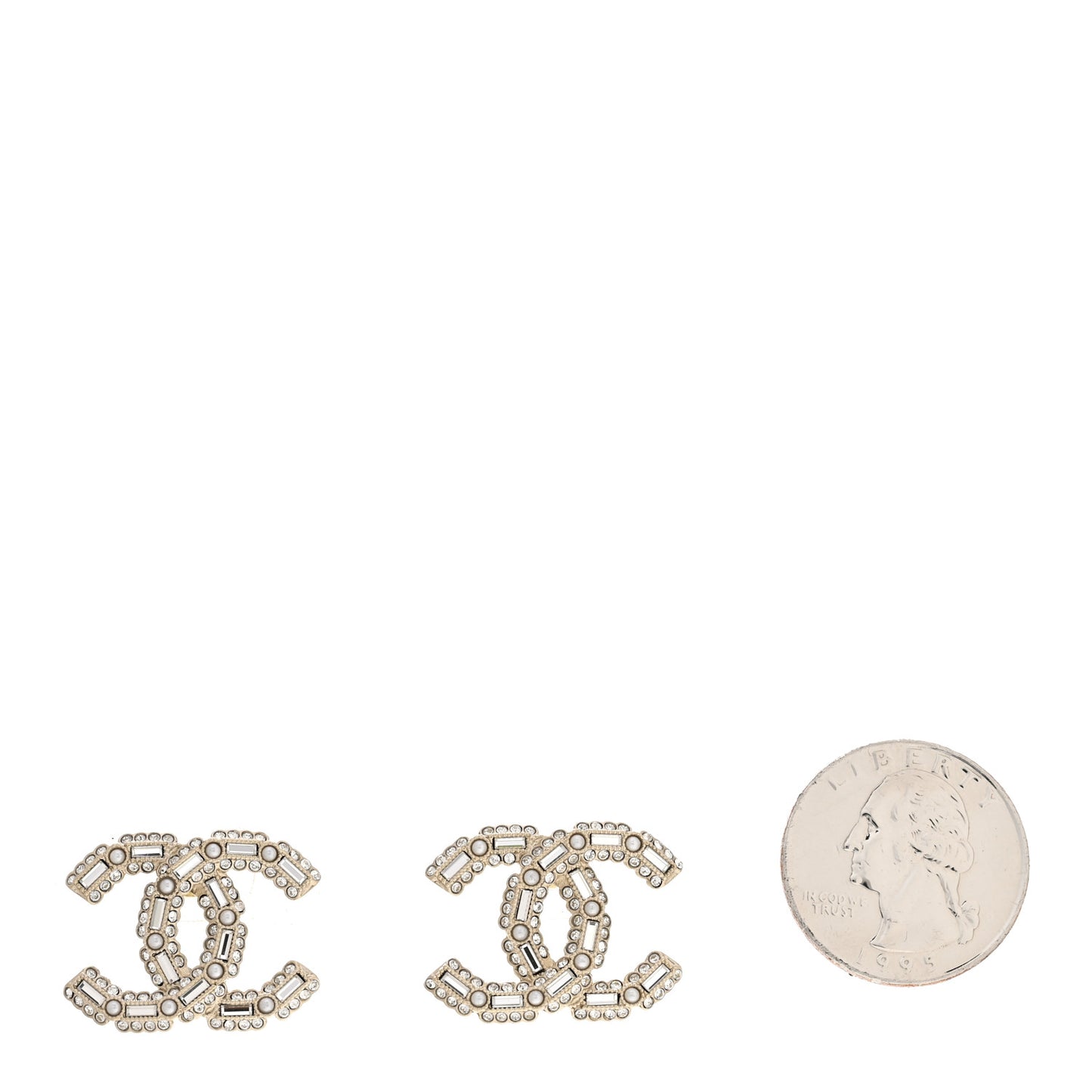 Crystal Baguette Pearl CC Earrings Gold Pearly White