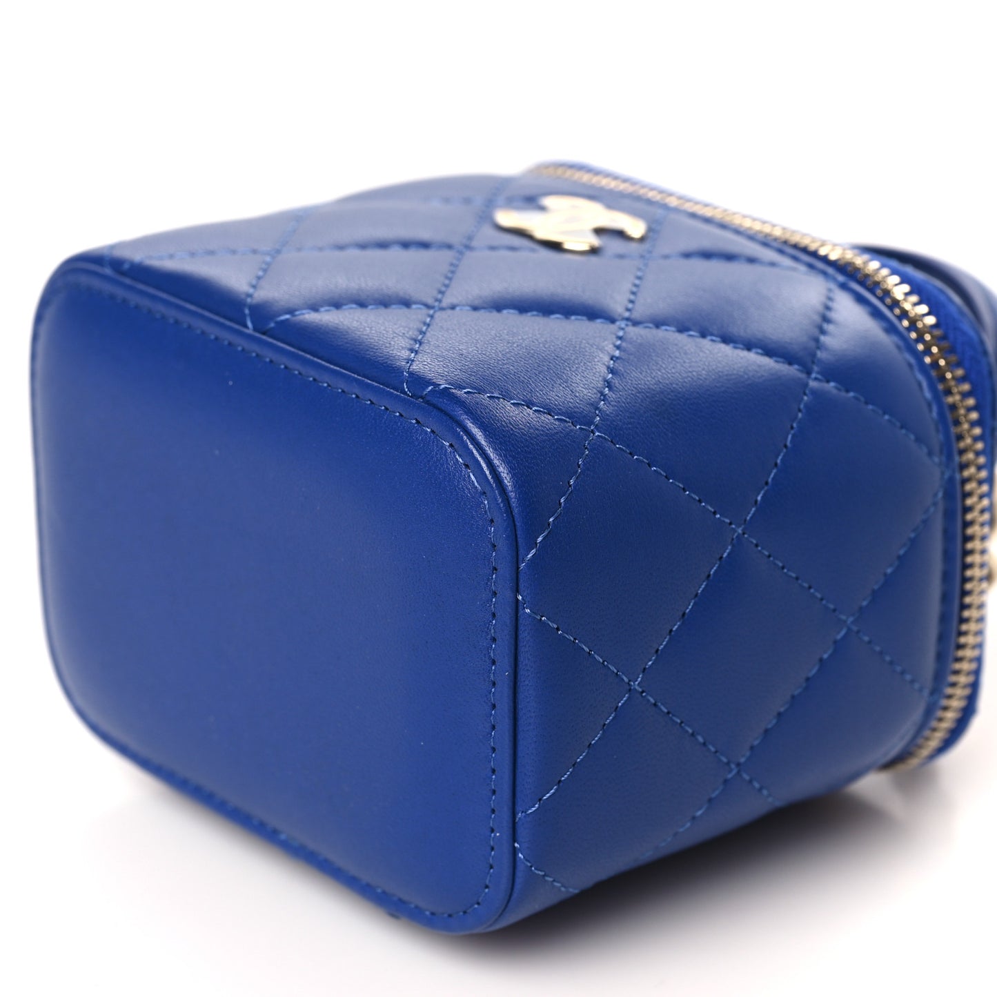 Lambskin Quilted Top Handle Mini Vanity Case With Chain Blue