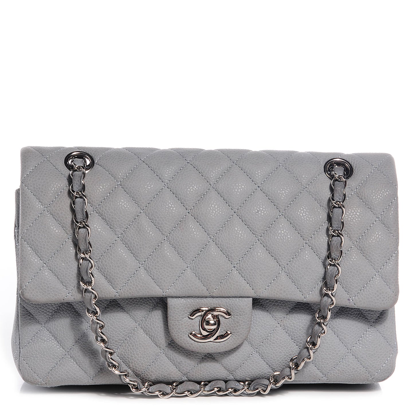Iridescent Caviar Medium Double Flap Light Grey