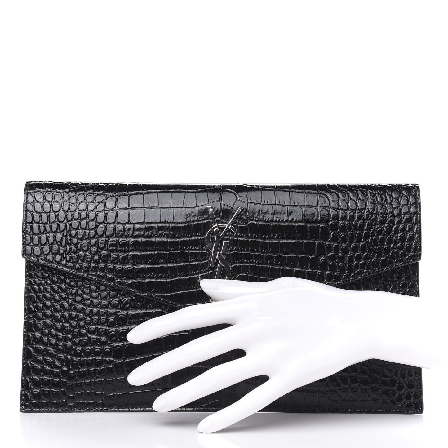 Calfskin Crocodile Embossed Uptown Monogram Clutch Black