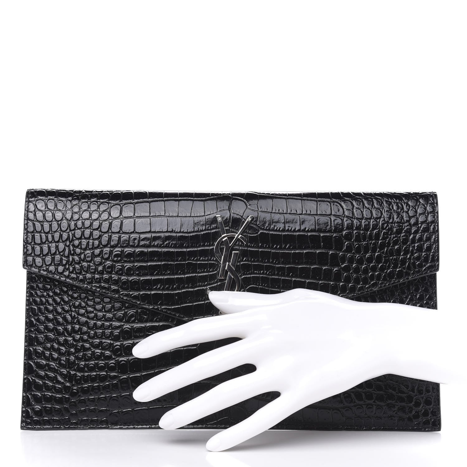Saint Laurent Calfskin Crocodile Embossed Uptown Monogram Clutch Black 2 of 7