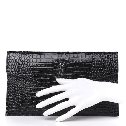 Saint Laurent Calfskin Crocodile Embossed Uptown Monogram Clutch Black 2 of 7