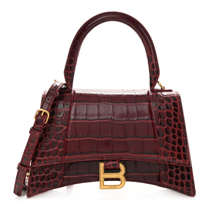 Balenciaga Shiny Calfskin Crocodile Embossed Small Hourglass Top Handle Bag Dark Red 1 of 7