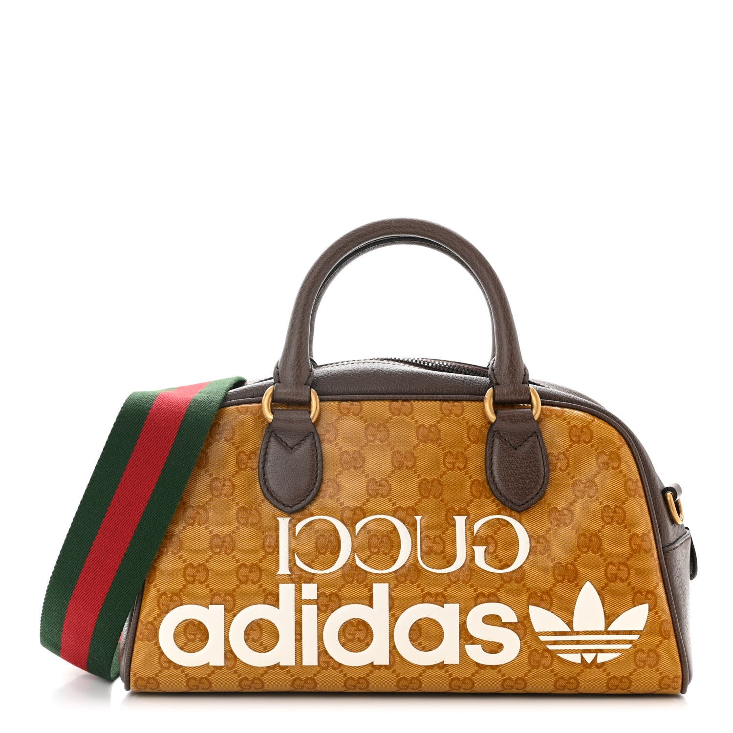 Gucci X ADIDAS Crystal Vintage Monogram Textured Dollar Calfskin Web Trefoil Logo Mini Bowling Bag Mid Natural Nut Off White New Acero 1 of 10