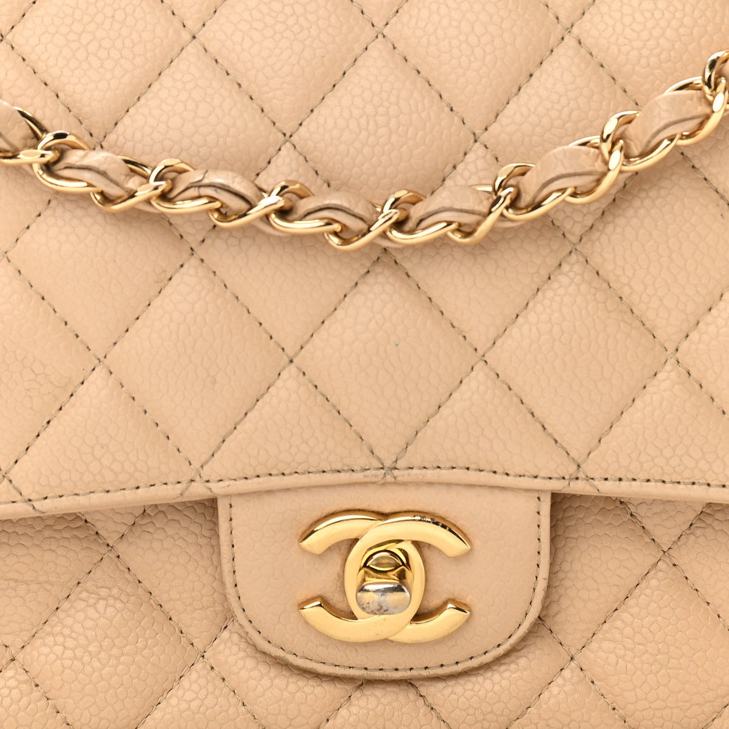 Caviar Quilted Medium Double Flap Beige