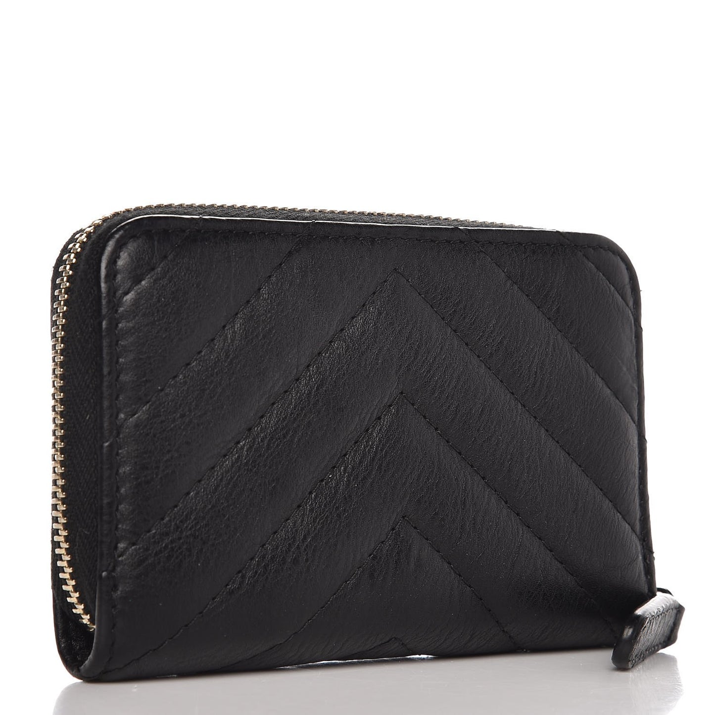 Calfskin Chevron Quilted Zip Around Coin Purse Black