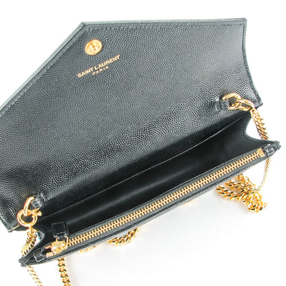 Saint Laurent Grain De Poudre Matelasse Chevron Monogram Envelope Chain Wallet Black 5 of 8