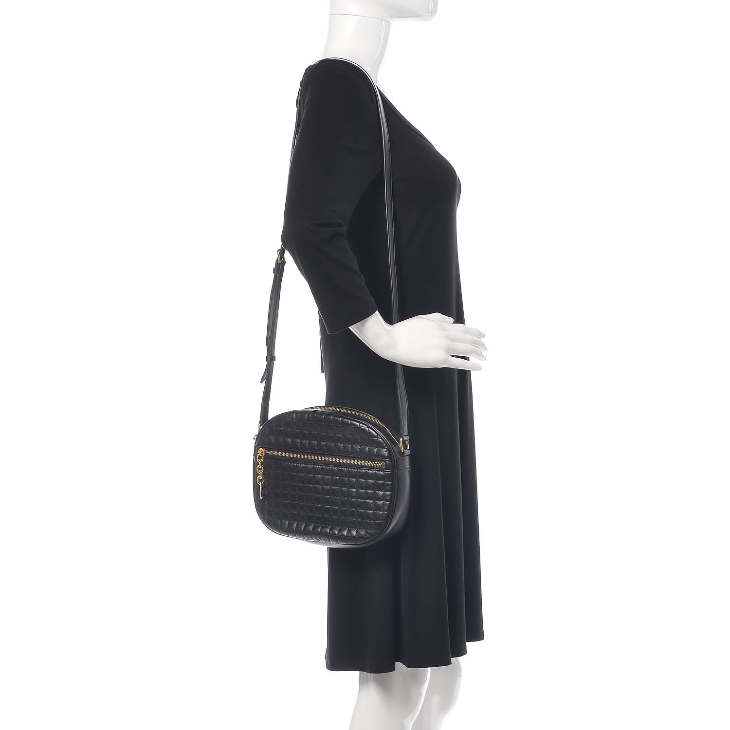 Celine Calfskin Quilted Medium C Charm Bag Black 2 of 9