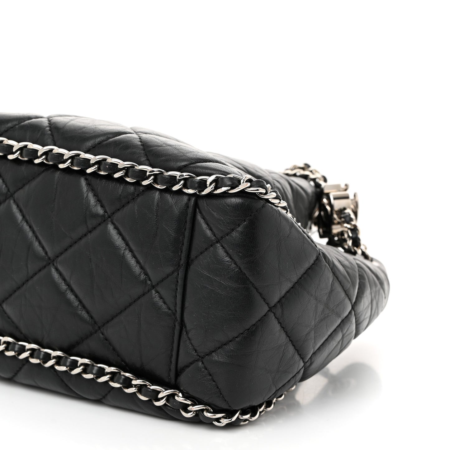 Crumpled Calfskin Quilted Chain All Over Drawstring Bucket Bag Black