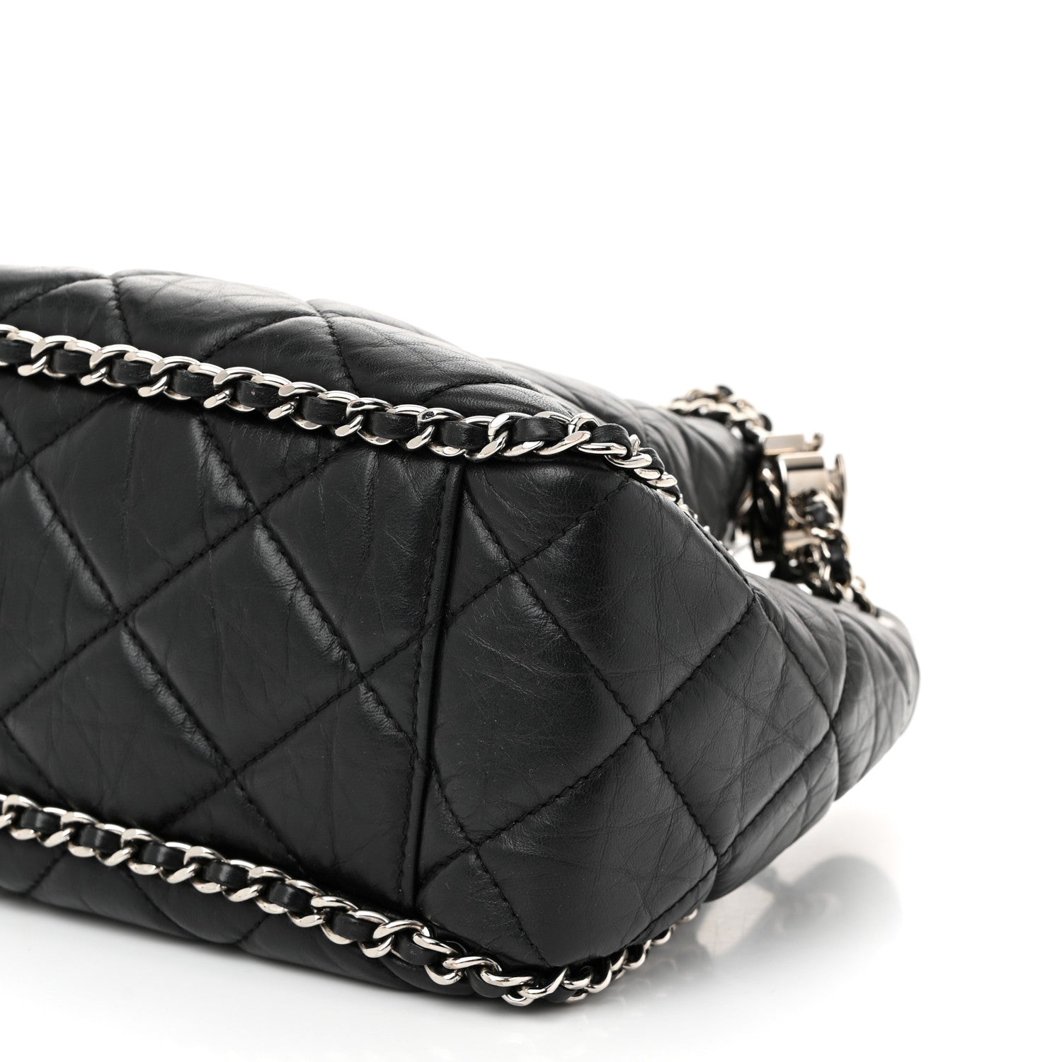 Chanel Crumpled Calfskin Quilted Chain All Over Drawstring Bucket Bag Black 10 of 10