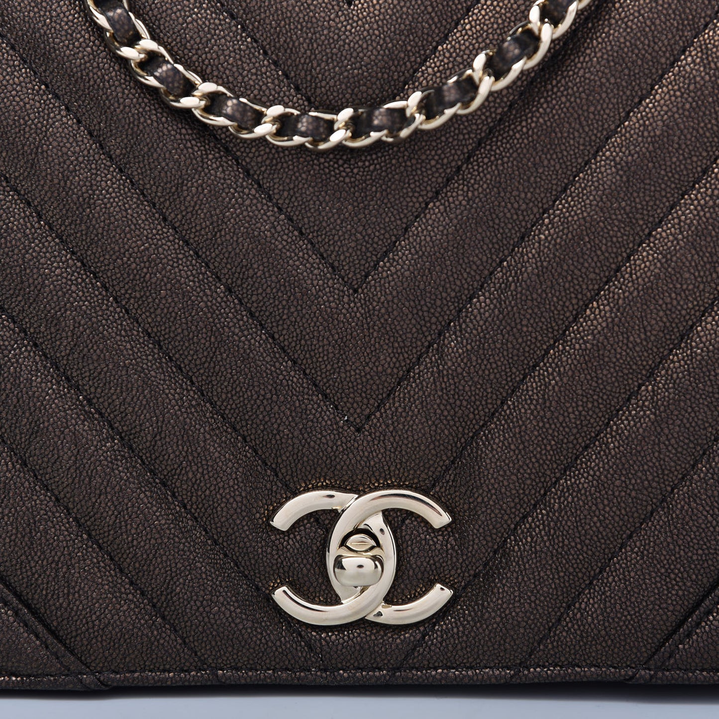 Metallic Caviar Chevron Quilted Medium Statement Flap Bronze