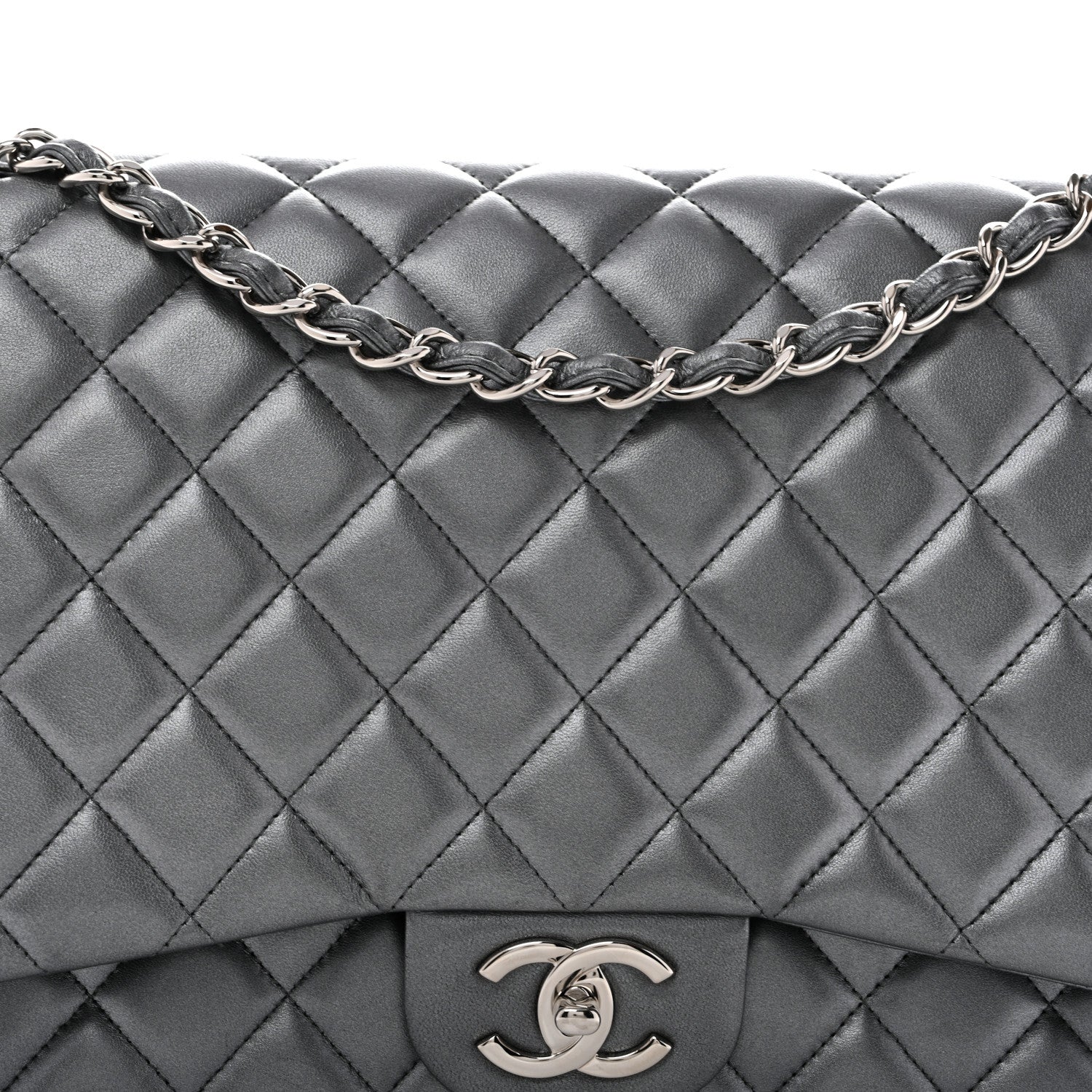 Chanel Metallic Lambskin Quilted Maxi Double Flap Pewter 8 of 15