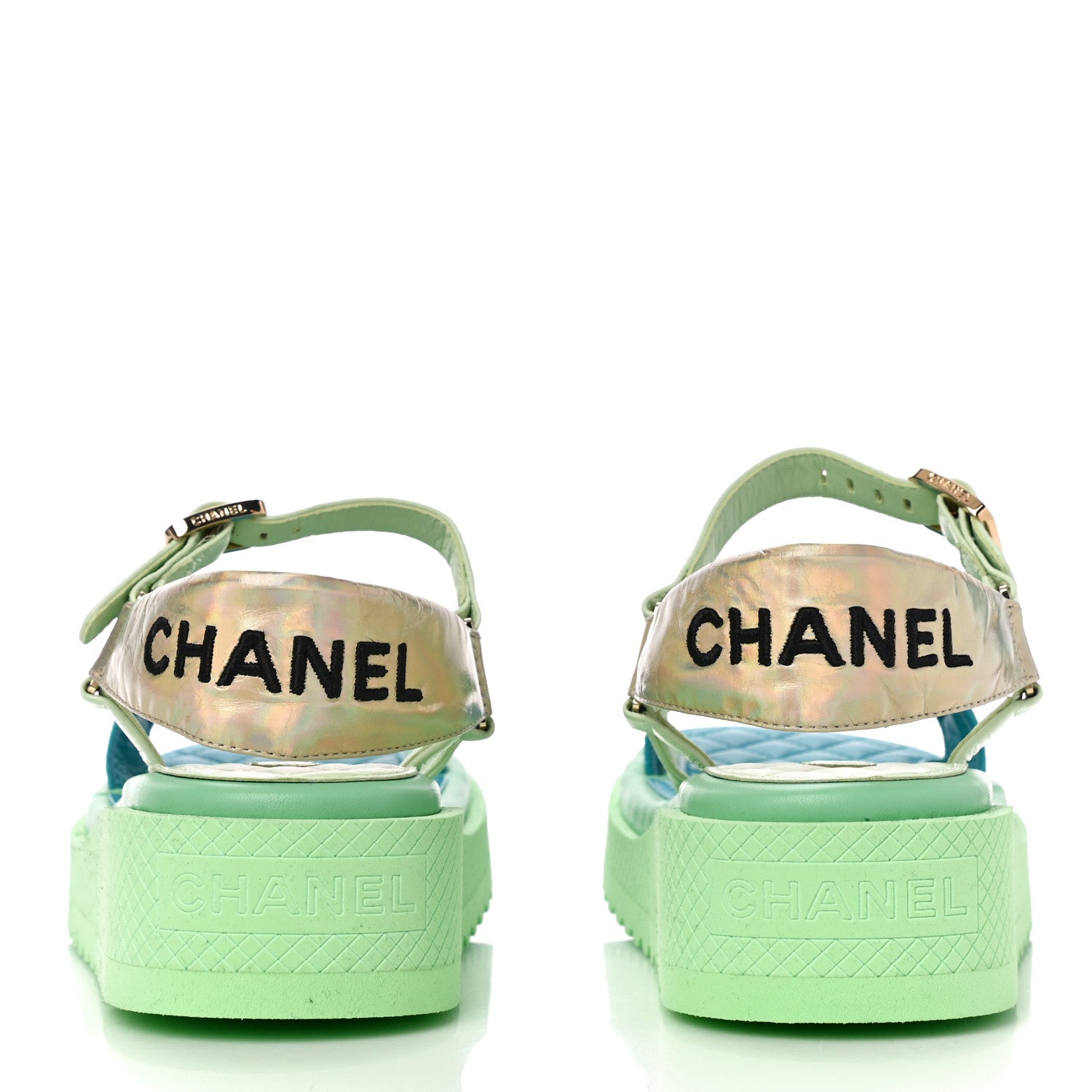 Chanel Lambskin Logo Platform Sandals 39 Turquoise Green Gold 6 of 10
