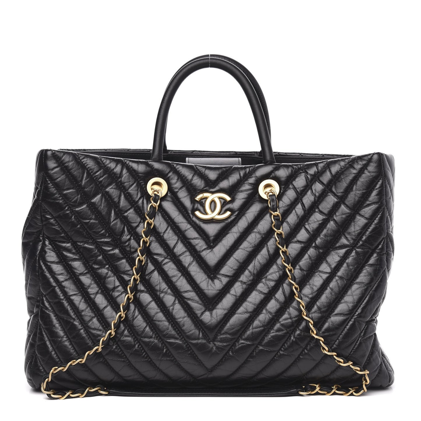 Aged Calfskin Chevron Large Coco Handle Shopping Tote Black
