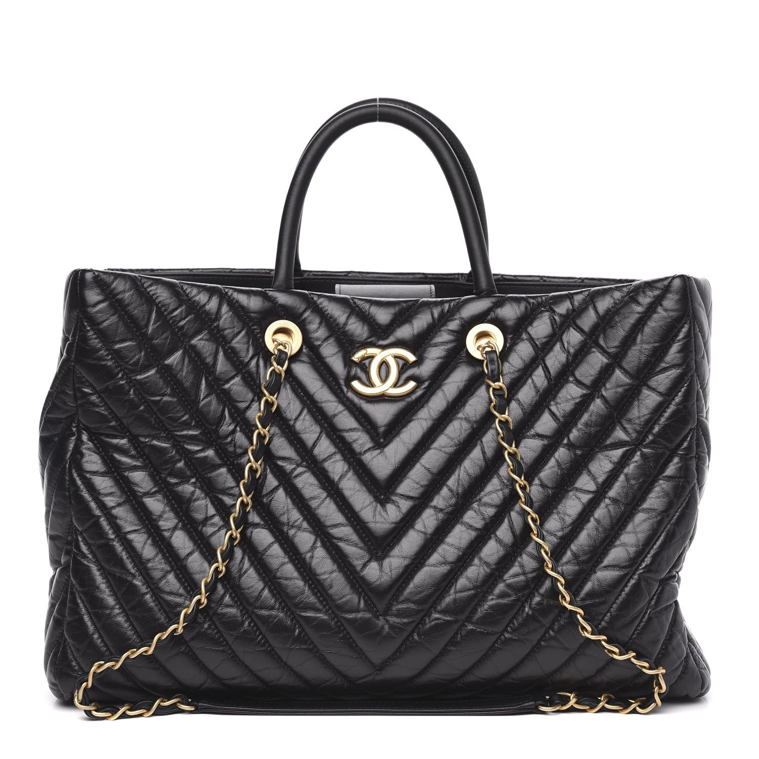 Chanel Aged Calfskin Chevron Large Coco Handle Shopping Tote Black 1 of 13