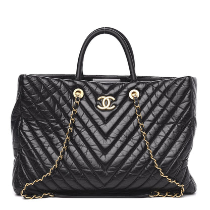 Chanel Aged Calfskin Chevron Large Coco Handle Shopping Tote Black 1 of 13