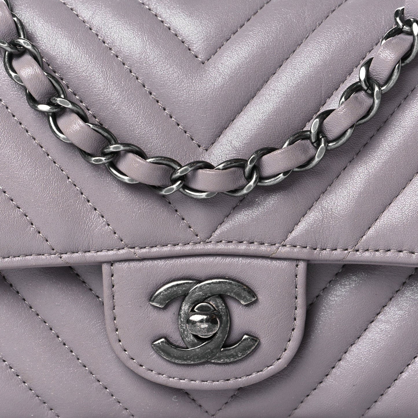 Iridescent Calfskin Chevron Quilted Mini Rectangular Flap Grey