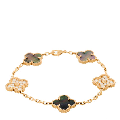 Van Cleef & Arpels 18K Rose Gold Diamond Gray Mother of Pearl 5 Motifs Vintage Alhambra Bracelet 1 of 5