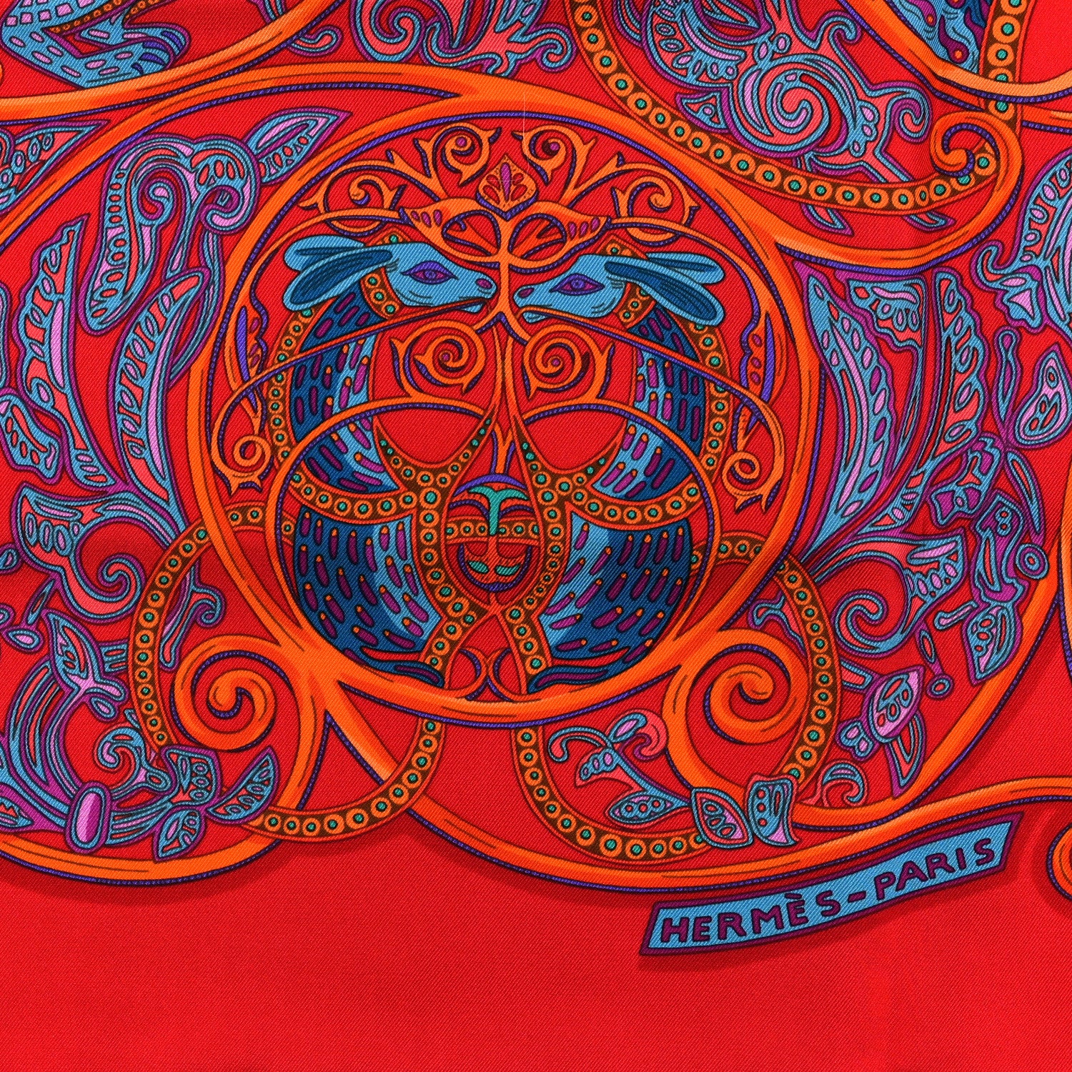 Hermes Silk La Charmante Aux Animaux Scarf 90 Rouge Vif Orange Petrole 2 of 3