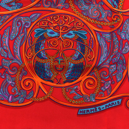 Hermes Silk La Charmante Aux Animaux Scarf 90 Rouge Vif Orange Petrole 2 of 3