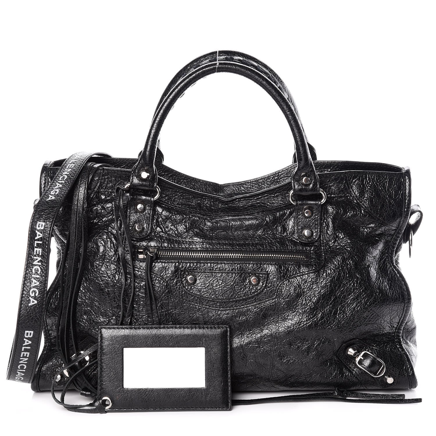 Balenciaga Agneau Classic Silver Hardware City Logo Strap Black White 1 of 9