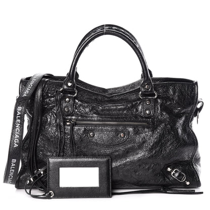 Balenciaga Agneau Classic Silver Hardware City Logo Strap Black White 1 of 9