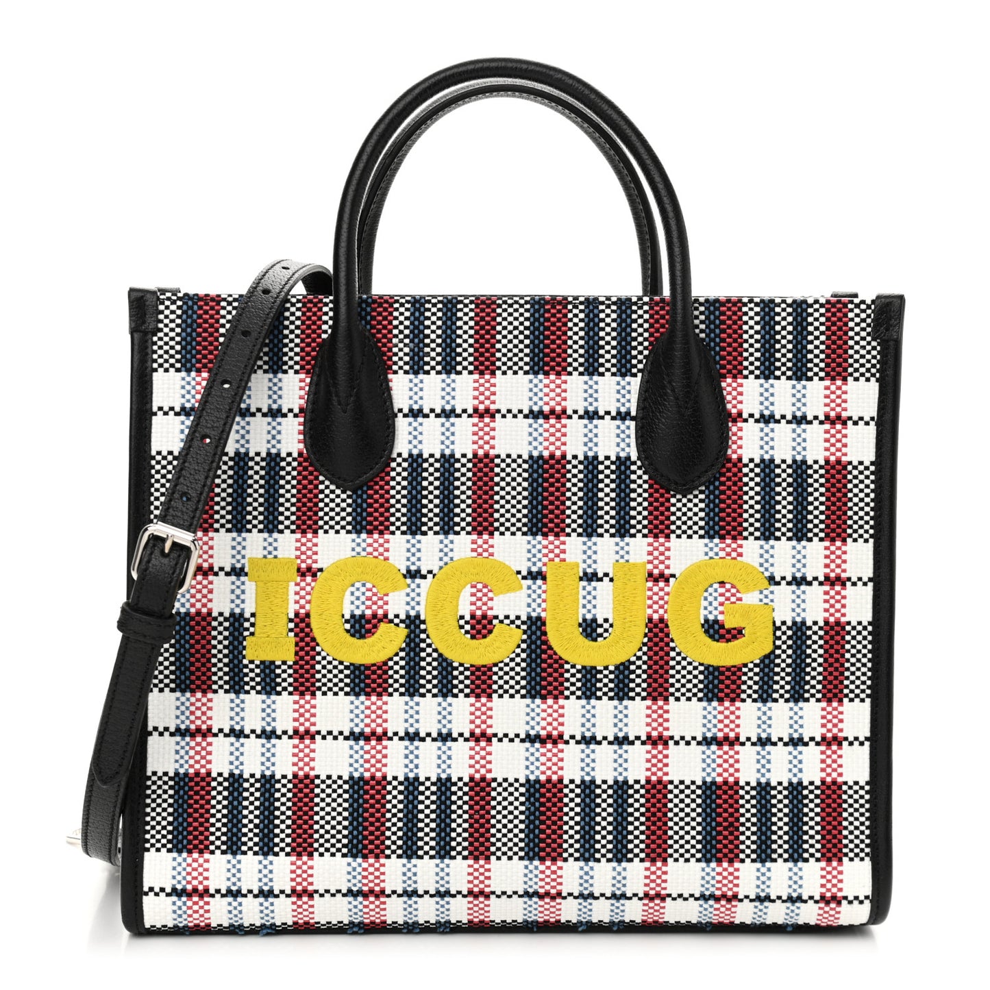 Canvas Plaid ICCUG Embroidered Small Tote Bag Black White Red Blue Smile Yellow