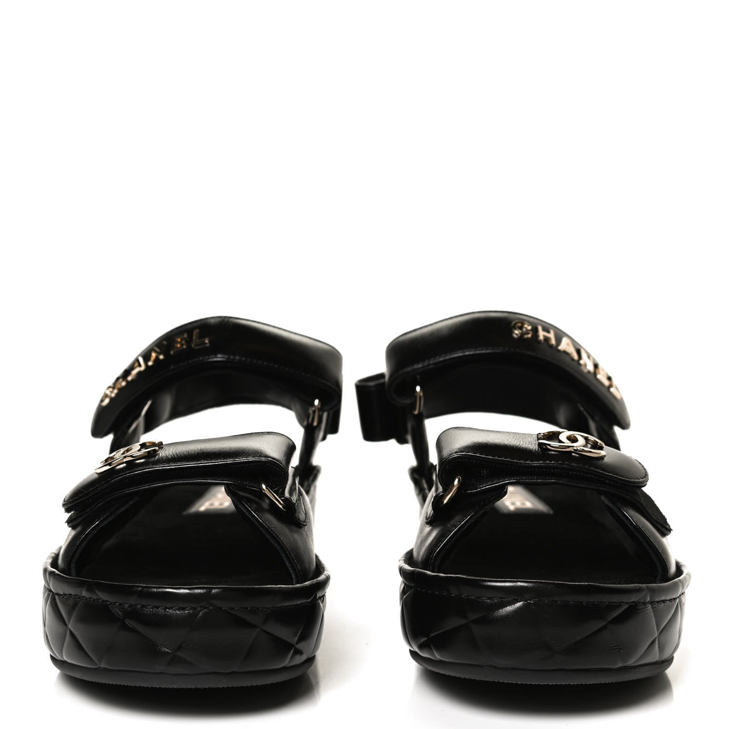 Chanel Shiny Calfskin Logo Platform Sandals 38 Black 2 of 13