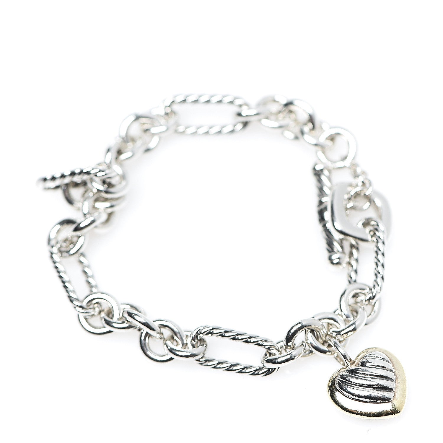 David Yurman Sterling Silver 18K Yellow Gold Cable Heart Charm Bracelet 1 of 3