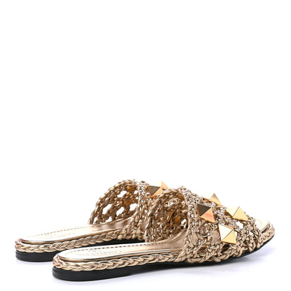 Valentino Garavani Metallic Nappa Woven Roman Stud Flat Slide Sandals 38 Star Gold 3 of 4