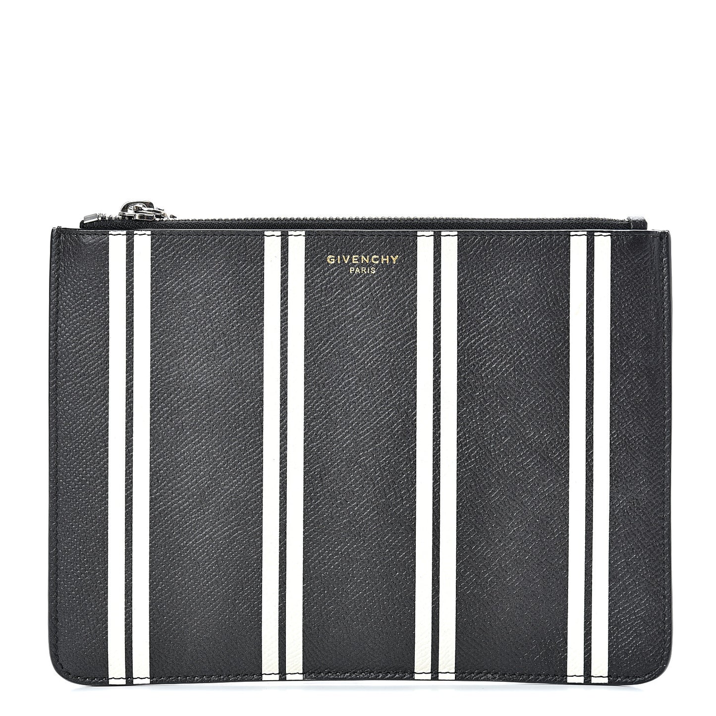 Calfskin Striped Large Zip Pouch White Black