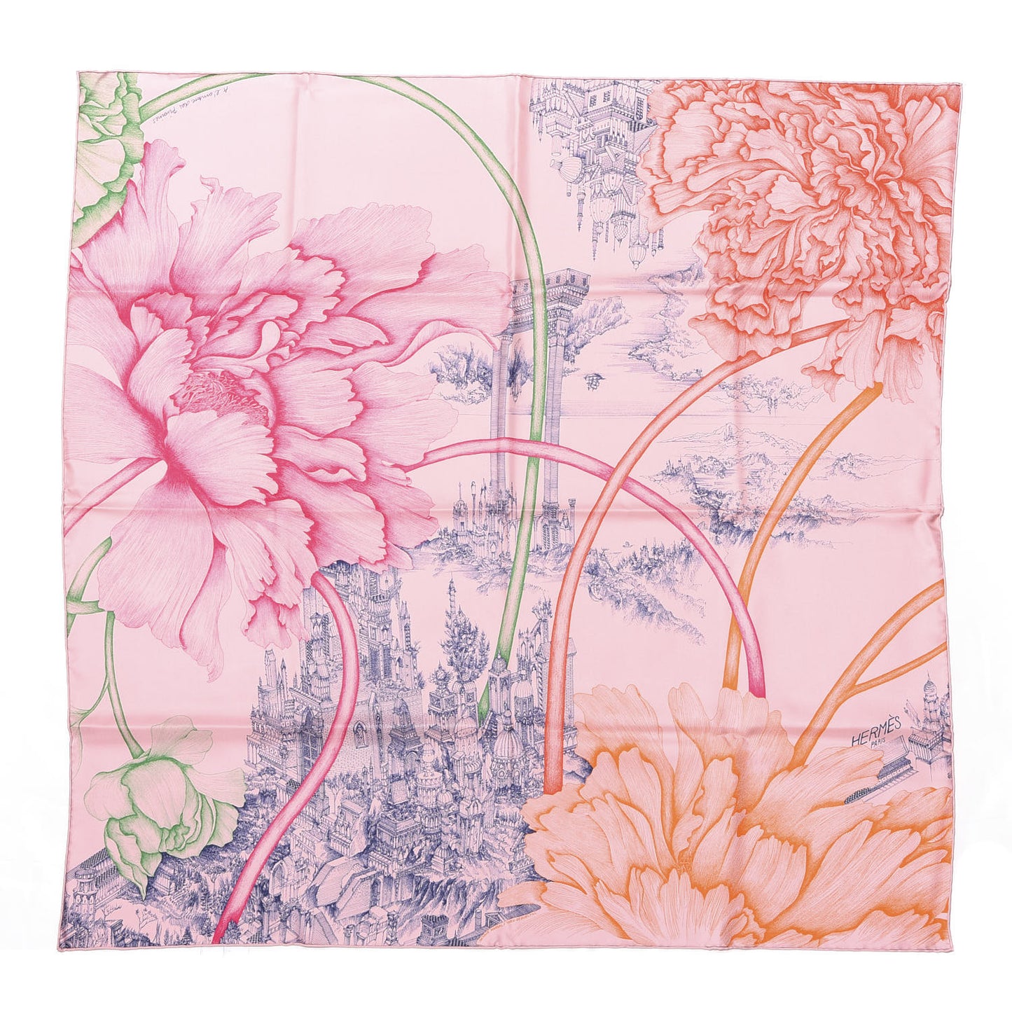 Silk A l'Ombre des Pivoines Scarf 90 Vieux Rose Encre