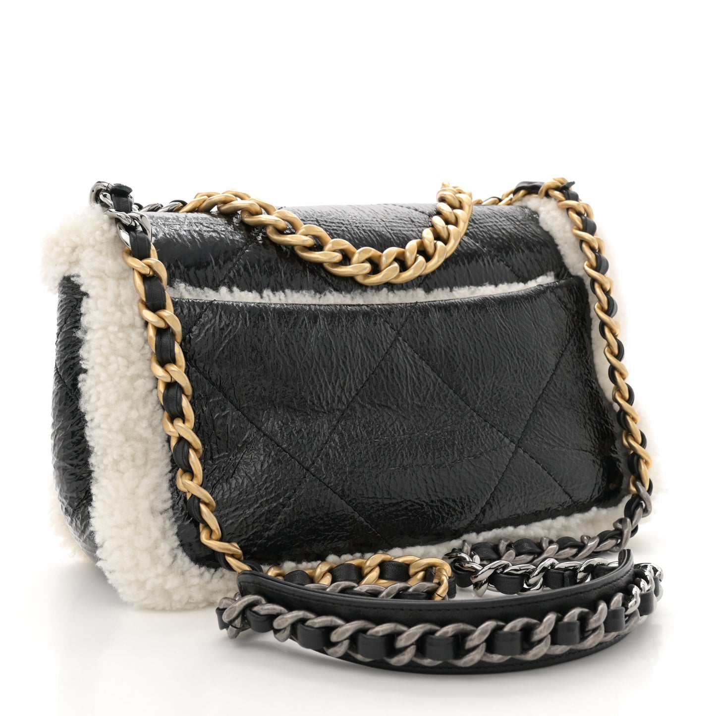 Crumpled Calfskin Shearling Sheepskin Quilted Medium Chanel 19 Flap Black