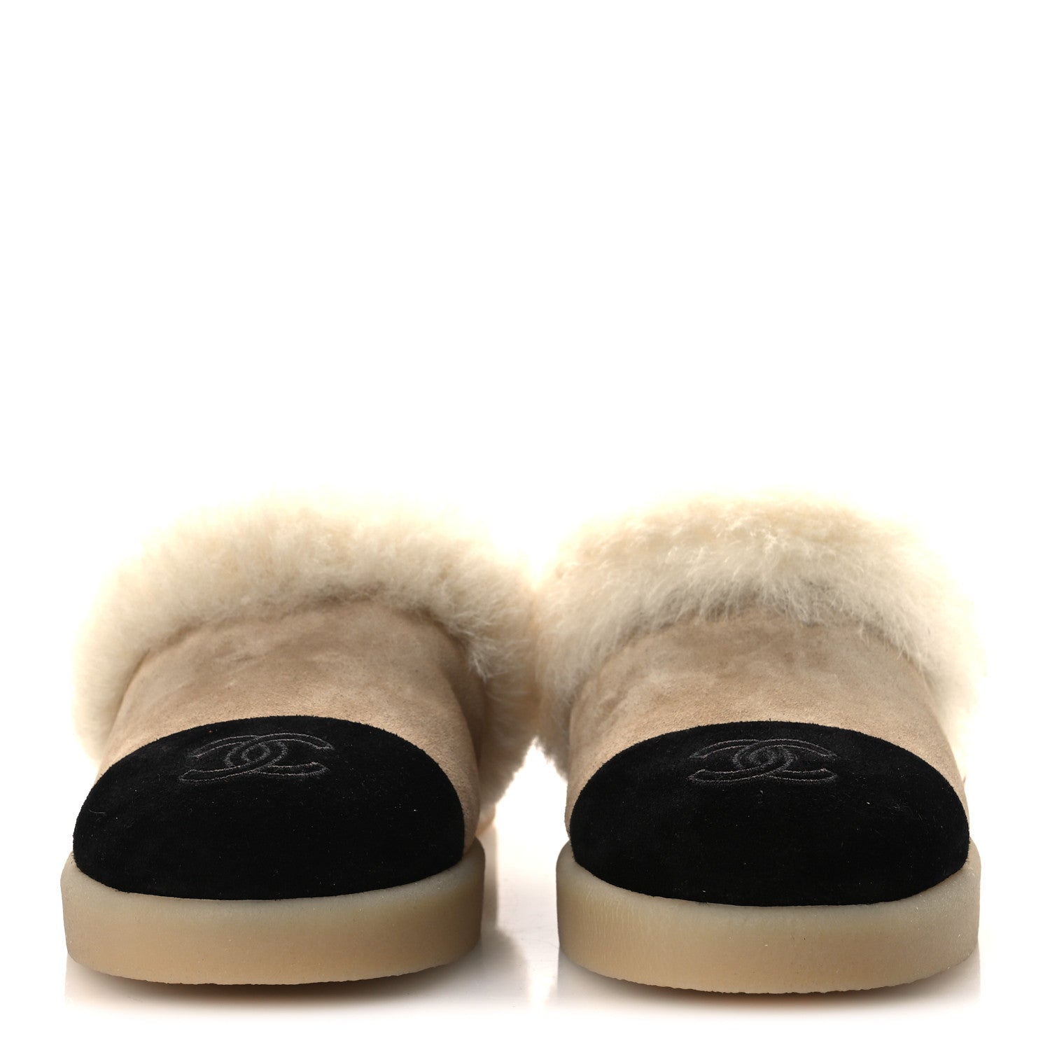 Chanel Suede Shearling CC Cap Toe Mules 39 Beige Black 3 of 10