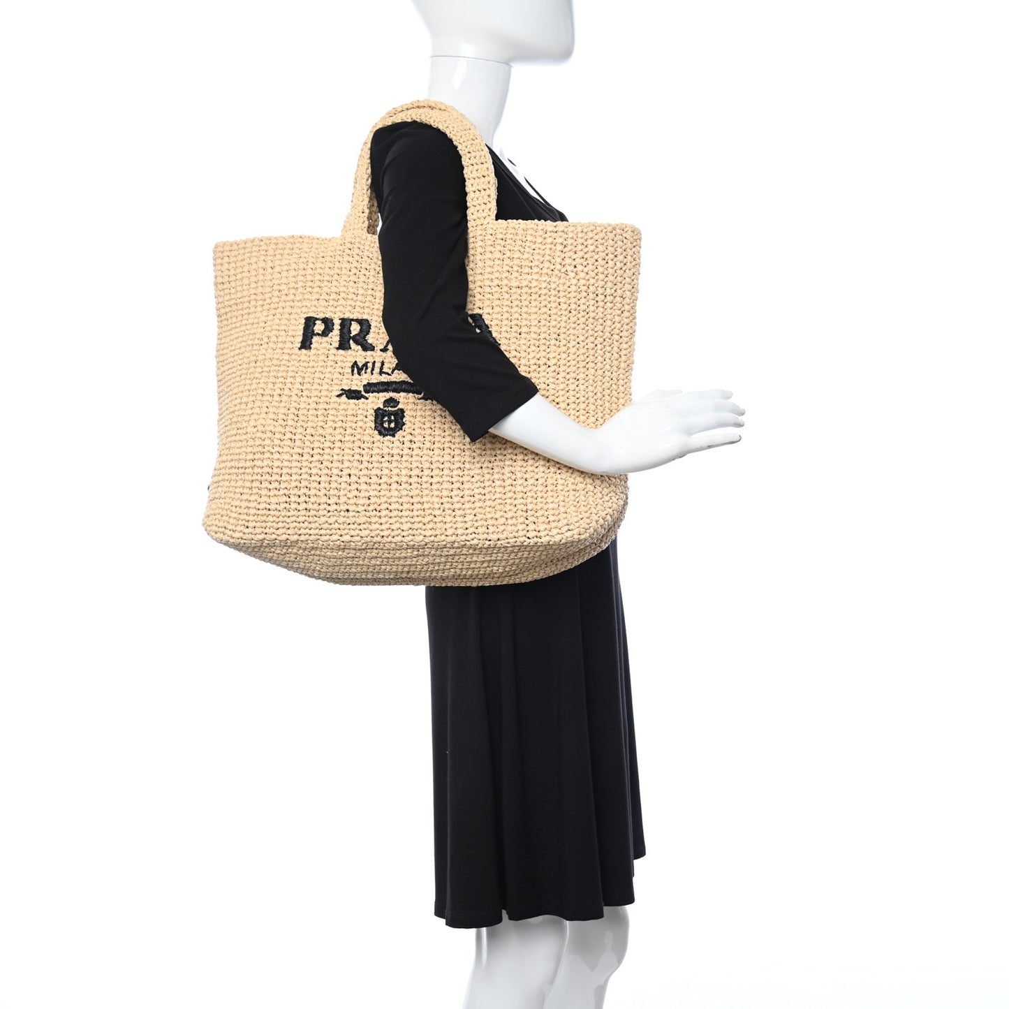 Yarn Raffia Effect Crochet Embroidered Logo Tote Naturale